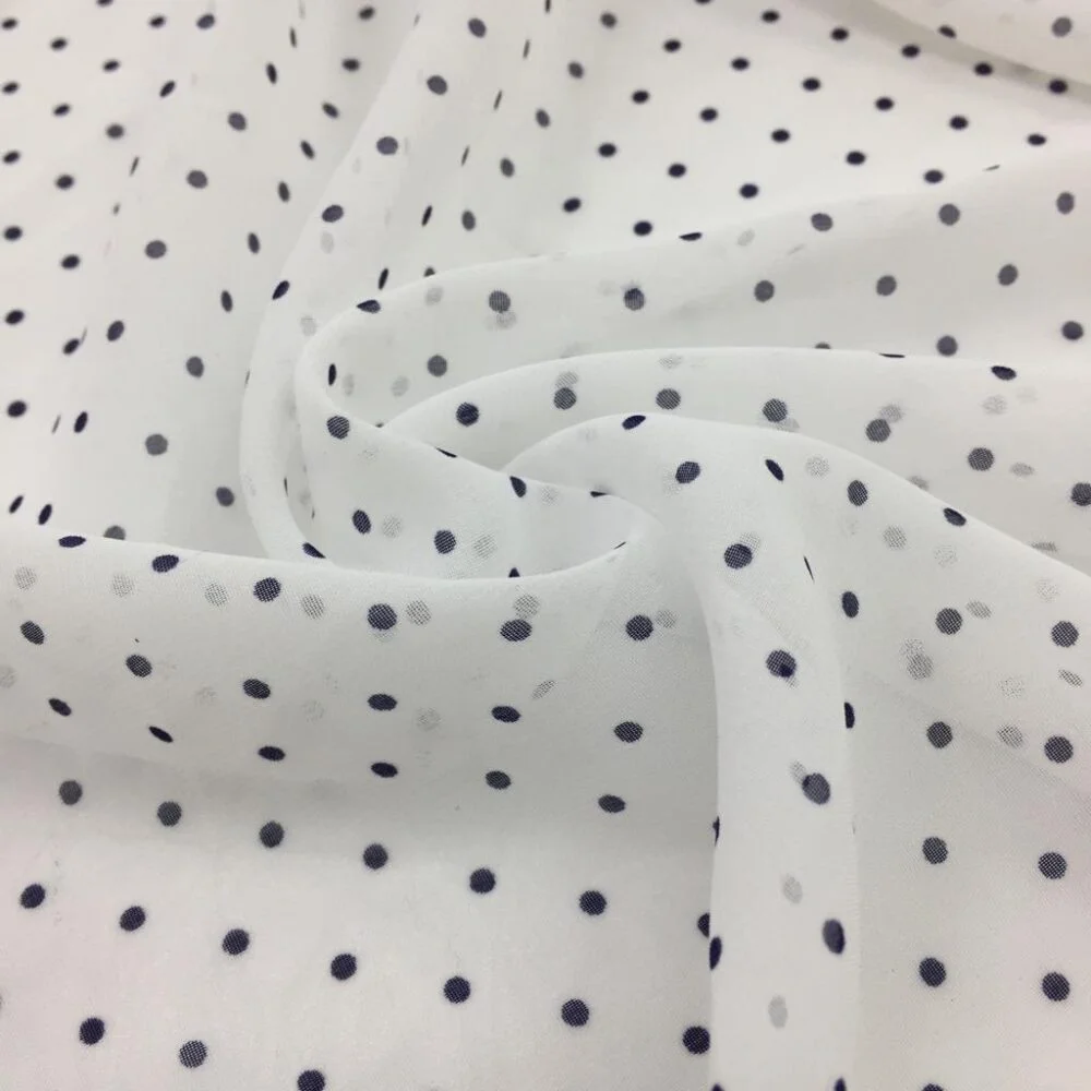 Lacivert Puantiyeli Desenli Şifon Kumaş Beyaz