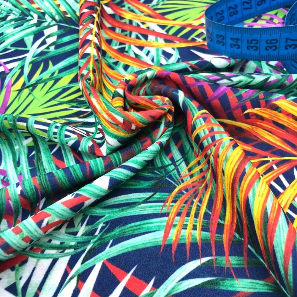 Tropikal Yaprak Desenli Krep Kumaş