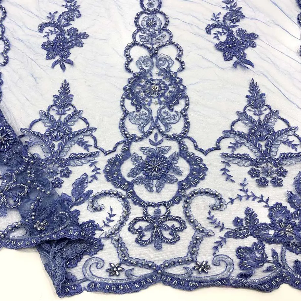 Taş İşlemeli Dantel Kumaş İndigo Mavi