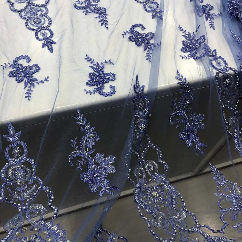 Taş İşlemeli Dantel Kumaş İndigo Mavi