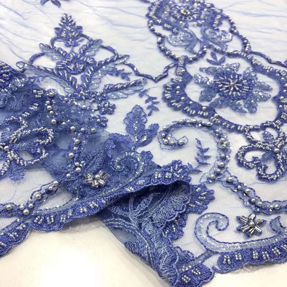 Taş İşlemeli Dantel Kumaş İndigo Mavi