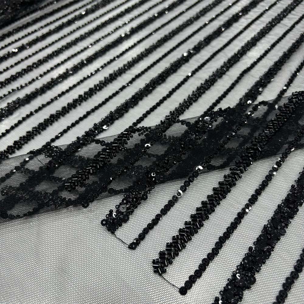 Taş İşlemeli Dantel Kumaş Siyah