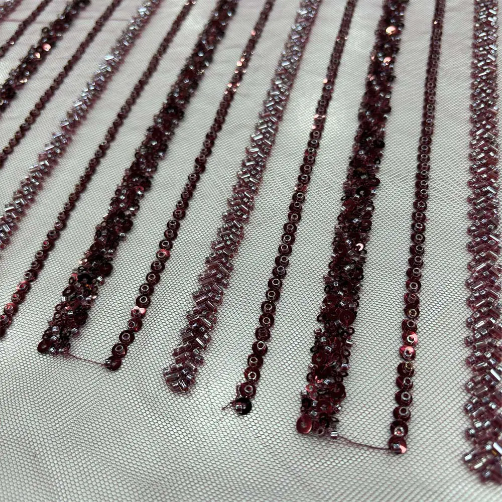 Taş İşlemeli Dantel Kumaş Bordo