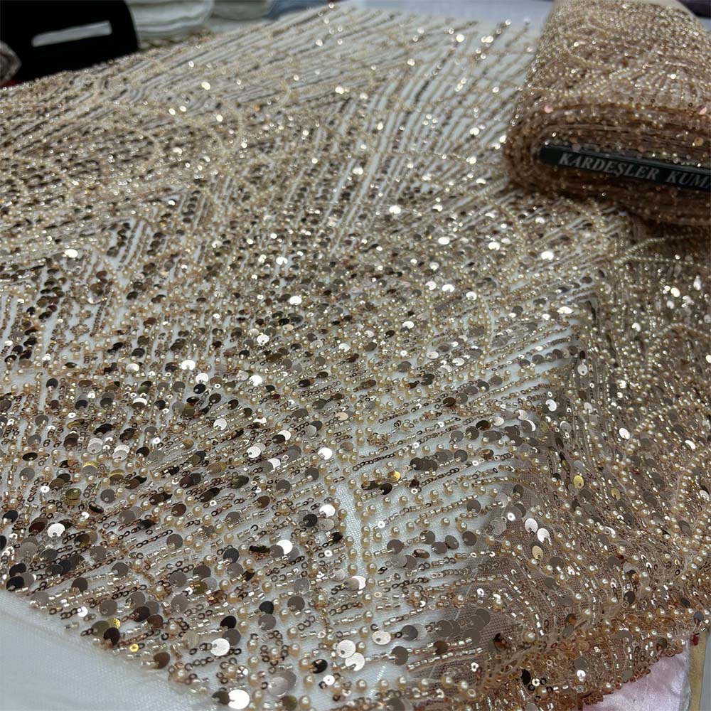 Taş İşlemeli Dantel Kumaş Gold