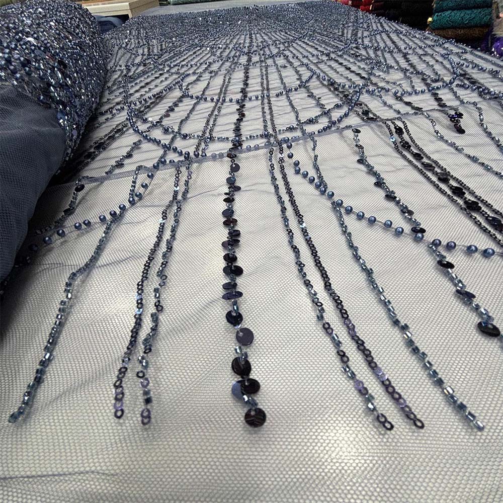 Taş İşlemeli Dantel Kumaş İndigo Mavi