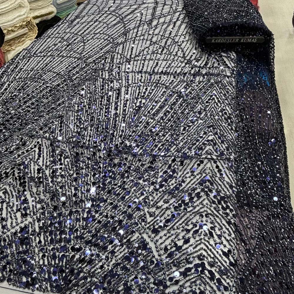 Taş İşlemeli Dantel Kumaş Lacivert