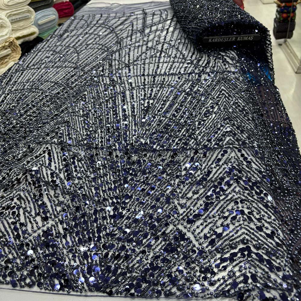 Taş İşlemeli Dantel Kumaş Lacivert