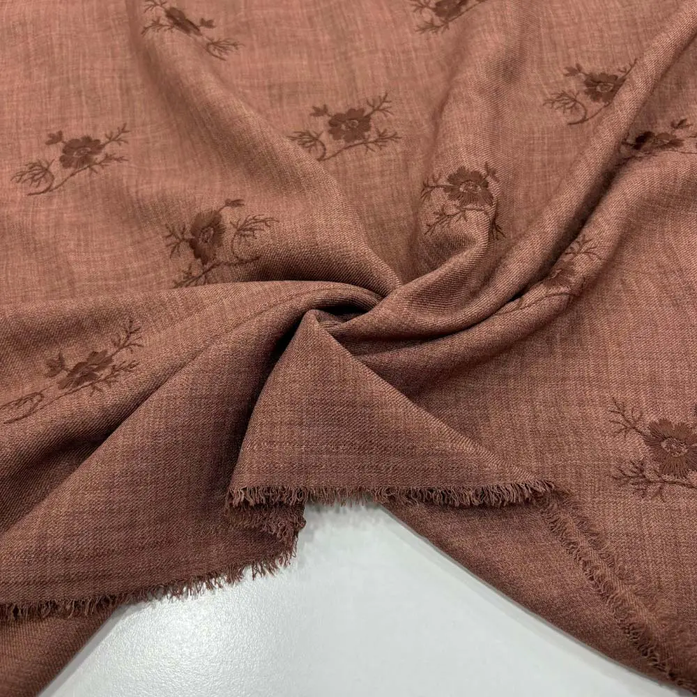 Nakışlı Floş Keten Kumaş Tarçın Rengi