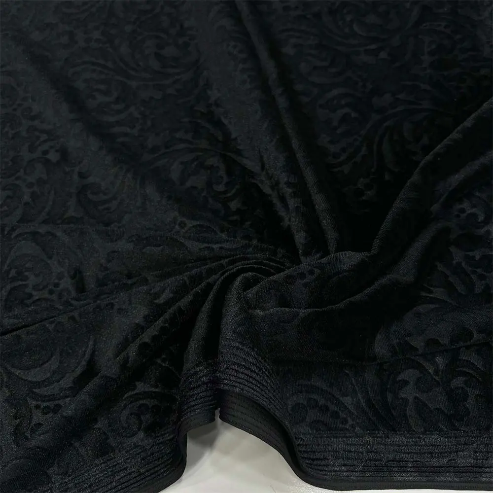 Kendinden Desenli İpek Kadife Kumaş Siyah