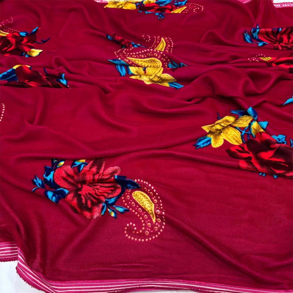 Desenli İpek Kadife Kumaş Fuşya Pembe