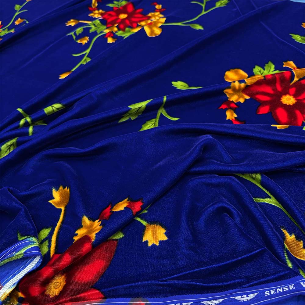 Desenli İpek Kadife Kumaş Saks Mavi