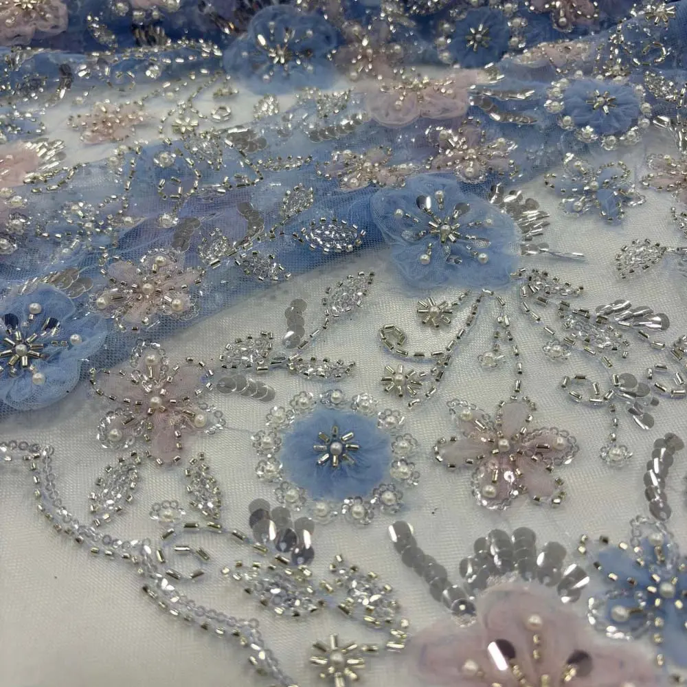 Taş İşlemeli Üç Boyutlu Dantel Kumaş Bebe Mavisi Taş İşlemeli Üç Boyutlu Dantel Kumaş Bebe Mavisi