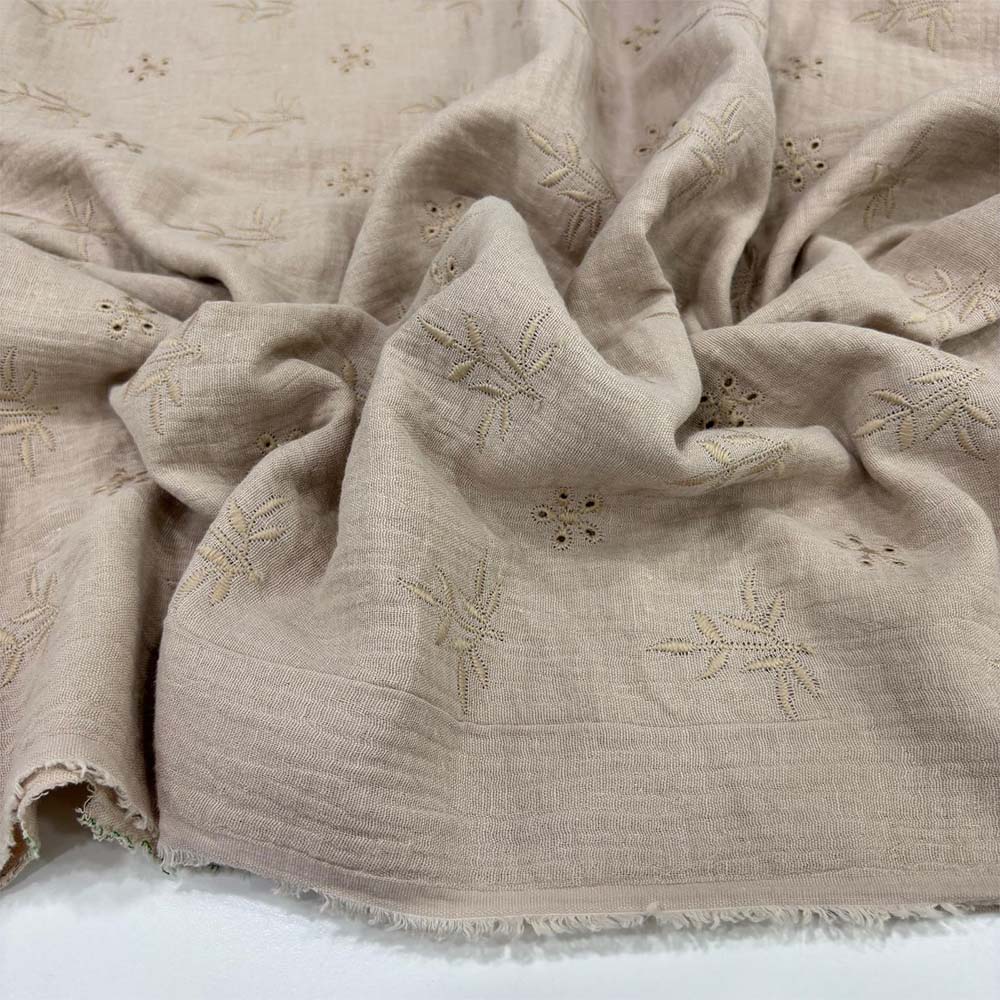 Çift Kat Nakışlı Müslin Kumaş Bej