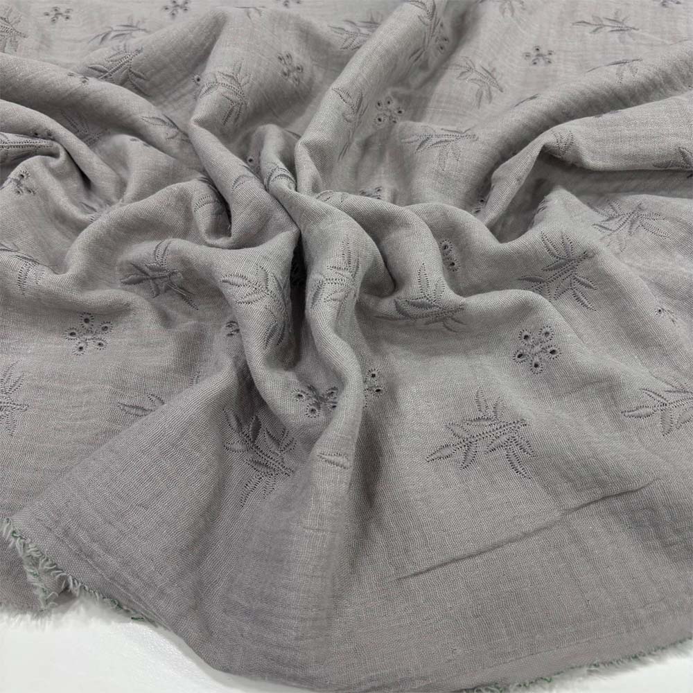 Çift Kat Nakışlı Müslin Kumaş Gri
