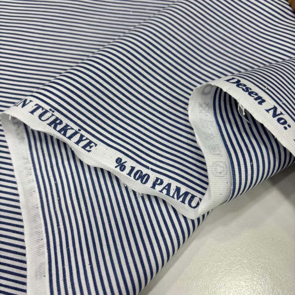 Çizgili Poplin Kumaş Lacivert - Beyaz Çizgili Poplin Kumaş Lacivert - Beyaz