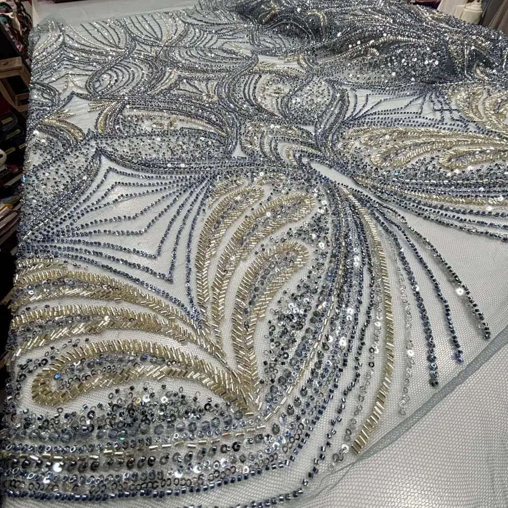 Taşlı Dantel Kumaş İndigo Mavi