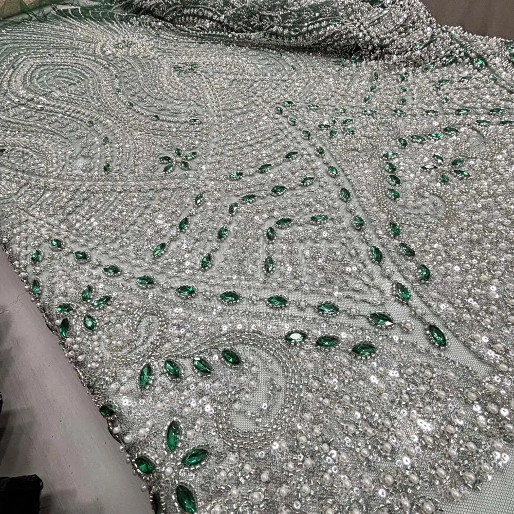 Taşlı Dantel Kumaş Zümrüt