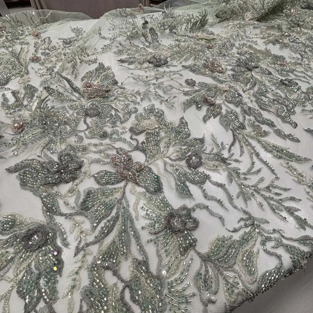 Üç Boyutlu Taşlı Dantel Kumaş Yeşil