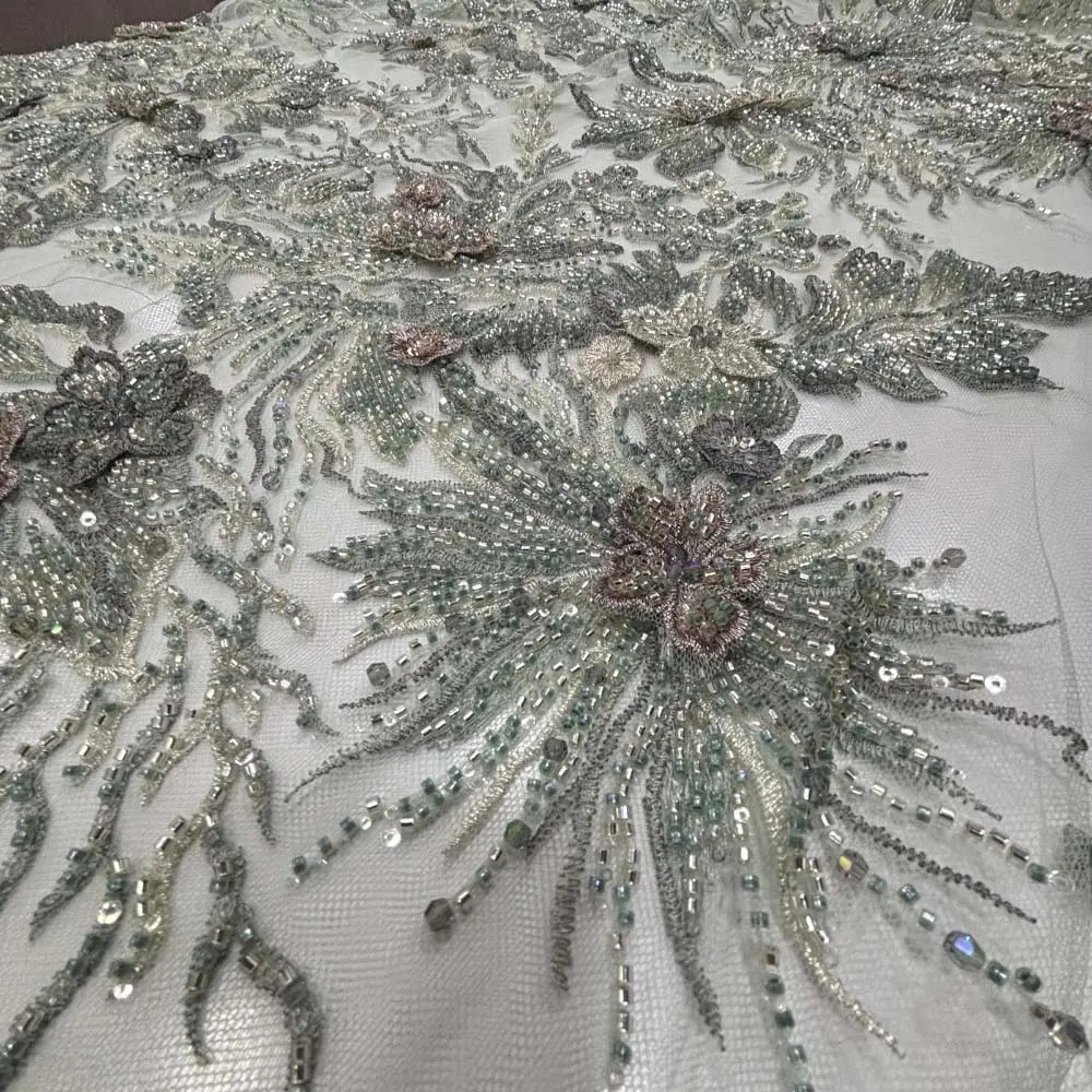 Üç Boyutlu Taşlı Dantel Kumaş Yeşil