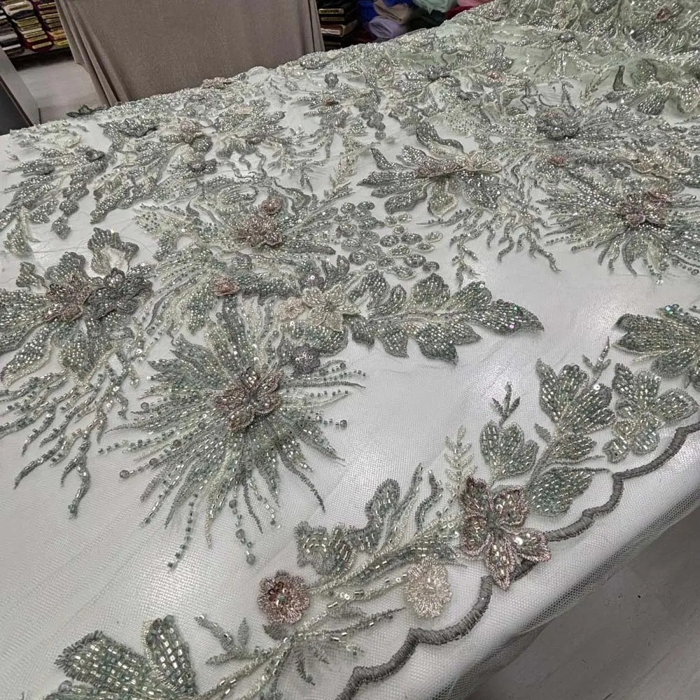 Üç Boyutlu Taşlı Dantel Kumaş Yeşil
